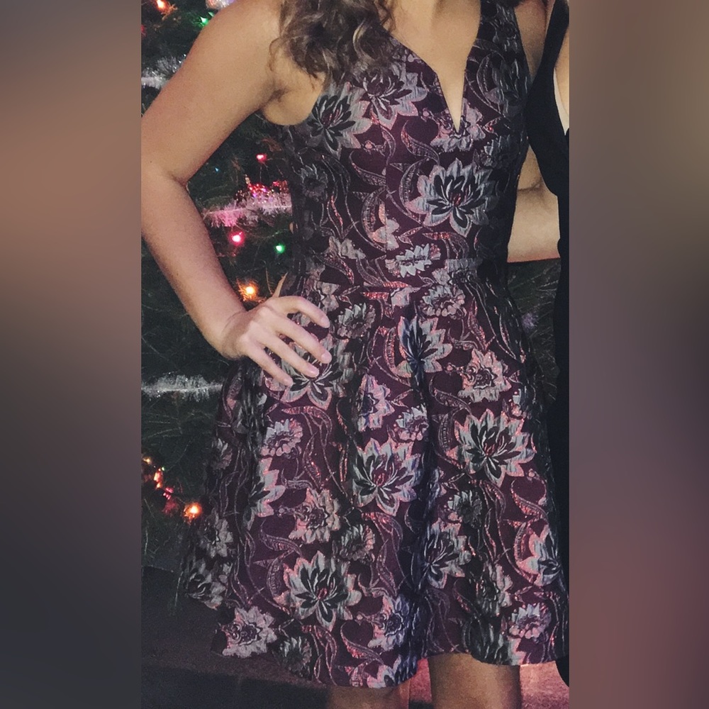 Francesca’s Maroon Brocade Print Fit & Flare Dress